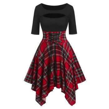 

Plus Size Vintage Dress Plaid Print Dress Cut Out Lace Up Handkerchief Hem Half Sleeve High Waisted Casual Dress, Red