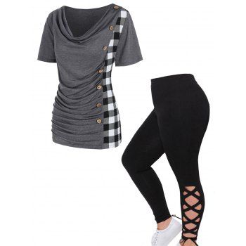 

Plus Size Heather Plaid Print Insert Mock Button Draped T Shirt And Lace Up Leggings Outfit, Multicolor