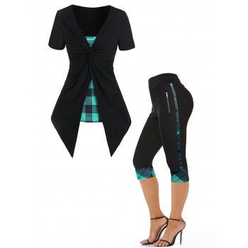 Plaid Print Faux Twinset T Shirt And Zipper Detail High Waist Capri Leggings Casual Outfit