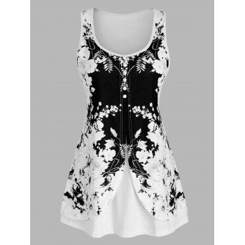 

Cottagecore Flower Print Tank Top Overlap Mock Button Summer Tank Top, White