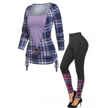 

Striped Print O-ring Cinched Faux Twinset T Shirt And High Rise Plaid Print Leggings Vintage Outfit, Multicolor