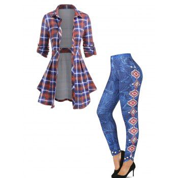 

Plaid Print Long Sleeve Button Up Shirt And Tribal Geometric Embroidery Denim 3D Print Jeggings Casual Outfit, Multicolor
