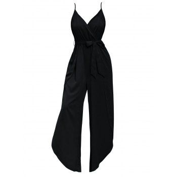 

High Slit Tulip Asymmetric Wide Leg Jumpsuit Surplice Plunge Chiffon Jumpsuit Adjustable Straps Belted Flowy Overalls, Black