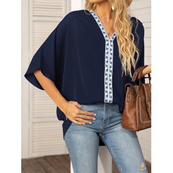

Tribal Geometric Pattern Trim Blouse V Neck Batwing Half Sleeve Blouse, Deep blue