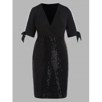

Plus Size Dress Sequined Dress Lace Insert Slit Sleeve Tied High Waisted Surplice Shift Midi Dress, Black