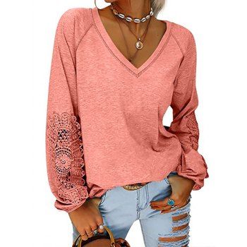 

Heather T Shirt Lace Panel T Shirt V Neck Hollow Out Raglan Long Sleeve Casual Tee, Light pink