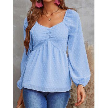 

Chiffon Blouse Solid Color Swiss Dot Blouse Empire Waist Casual Shirt, Light blue