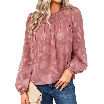 

Jacquard Blouse Rose Cut Out Long Sleeve Blouse Casual Blouse, Light pink