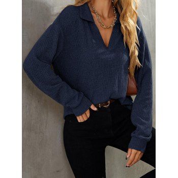 

Plain Color Textured Knit Top V Neck Long Sleeve Drop Shoulder Turndown Collar Knitted Top, Deep blue