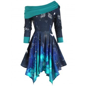 

Tie Dye Dress Planet Galaxy Print Foldover Ruched Long Sleeve A Line Mini Dress, Green