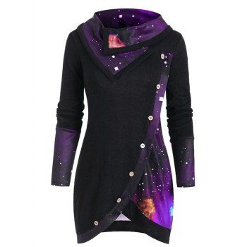 

Galaxy Print Asymmetric Tulip Hem Long T Shirt Mock Button Pointed Turndown Collar Long Sleeve Tee, Purple