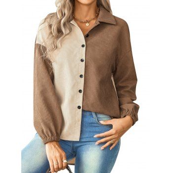 

Corduroy Shirt Colorblock Shirt Curve Hem Button Up Turn Down Collar Casual Shirt, Coffee