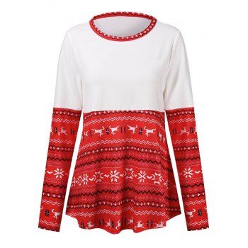 

Christmas T Shirt Elk Snowflake Wavy Geometric Print Long Sleeve T Shirt Colorblock Tee, Red