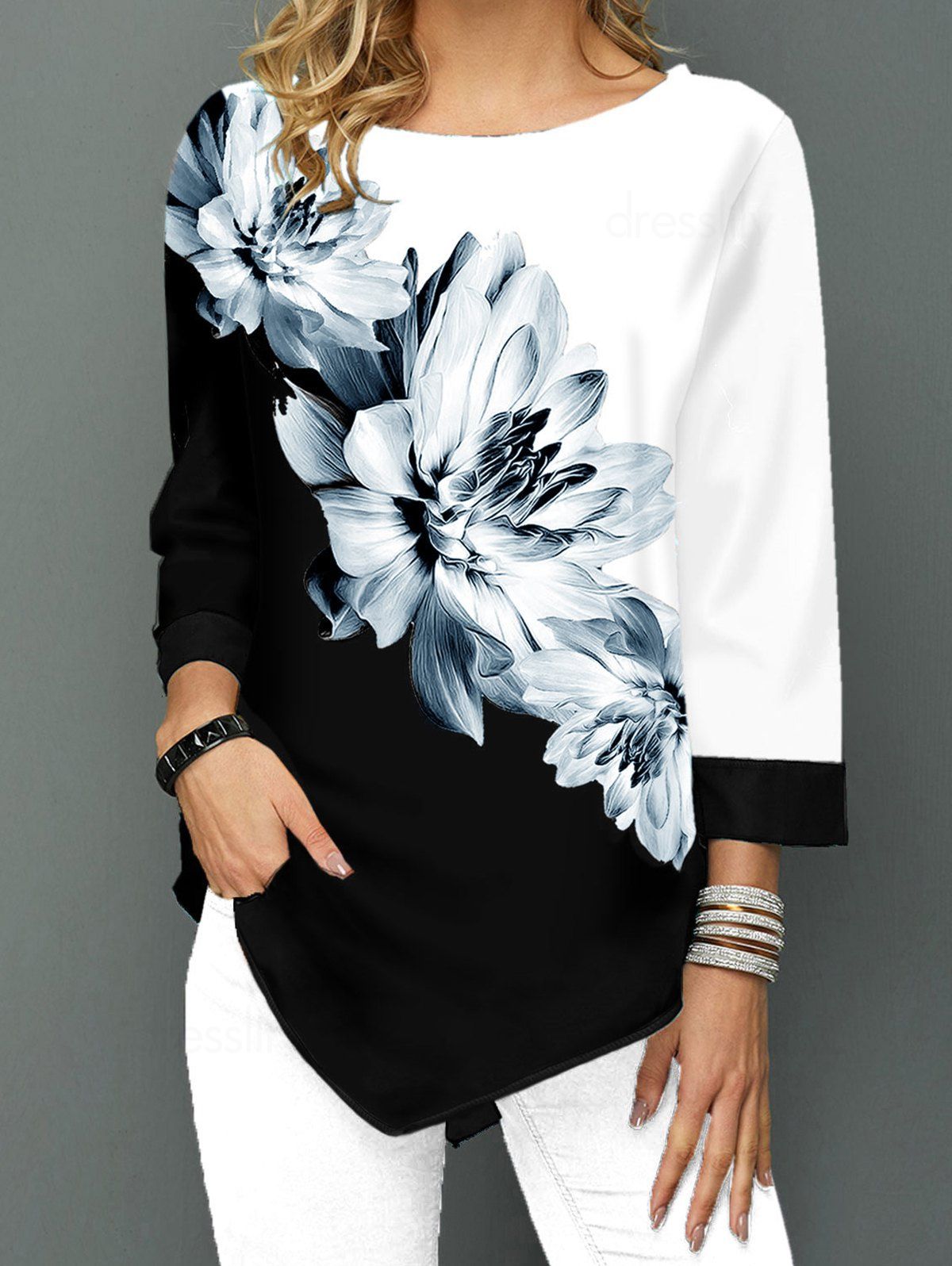 Casual T Shirt Colorblock T Shirt Ink Painting Flower Asymmetrical Hem Tee - BLACK 3XL