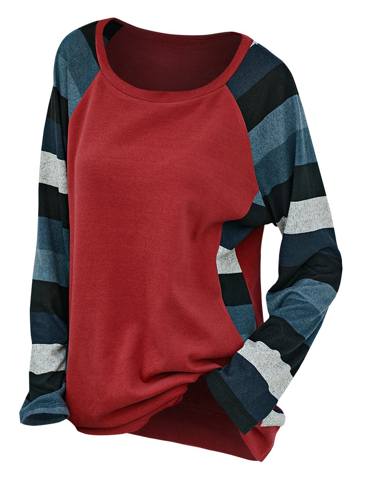 Colorblock Sweatshirt Raglan Sleeve Knit Panel Casual Pullover Sweatshirt - RED XL