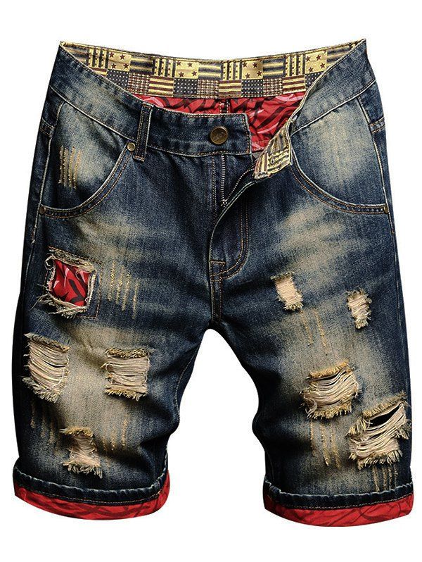 Casual Distressed Demin Shorts American Flag Print Ripped Zipper Fly Pockets Summer Shorts - BLUE 32