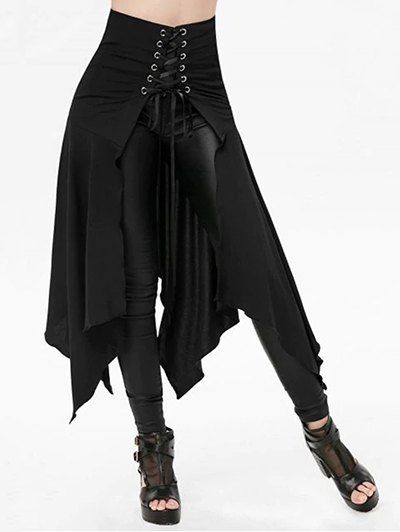 Jupe Mi-Longue Mouchoir Gothique Ouvert en Avant en Couleur Unie à Lacets - Noir S
