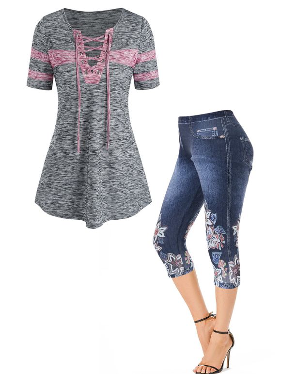 Ensemble de T-shirt 3D Teinté Rayé Contrasté à Manches Courtes et Jegging à Imprimé Faux Denim - multicolor S