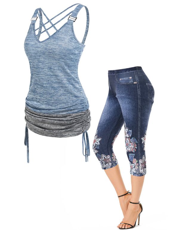 Ensemble Legging Décontracté Imprimé en Treillis en Faux Denim et Débardeur Chiné Contrasté - multicolor S