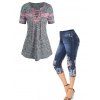 Ensemble de T-shirt 3D Teinté Rayé Contrasté à Manches Courtes et Jegging à Imprimé Faux Denim - multicolor S