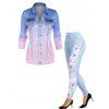 Ensemble Legging Moulant et Top à Imprimé 3D Fleur et Denim à Manches Longues - multicolor S