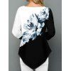 T-shirt Décontracté en Blocs de Couleurs Peinture D'Encre avec Fleur Asymétrique - Noir 3XL