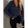 Plain Color Textured Knit Top V Neck Long Sleeve Drop Shoulder Turndown Collar Knitted Top - DEEP BLUE M