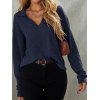 Plain Color Textured Knit Top V Neck Long Sleeve Drop Shoulder Turndown Collar Knitted Top - DEEP BLUE XL