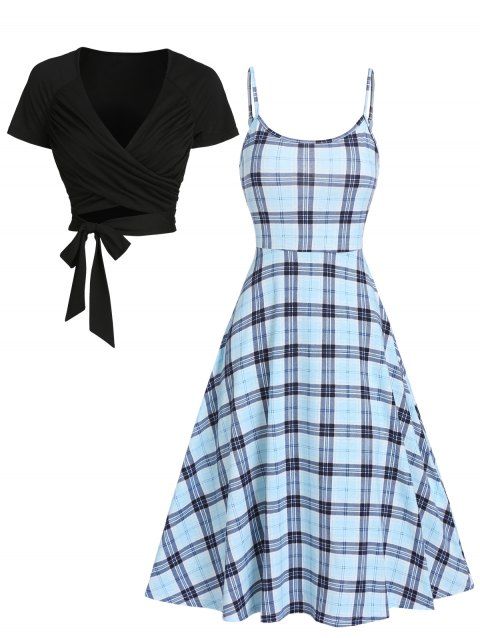 Plaid Print Sleeveless High Waisted A Line Midi Sundress and Crossover Tied Solid Color T Shirt Summer Casual Outfit