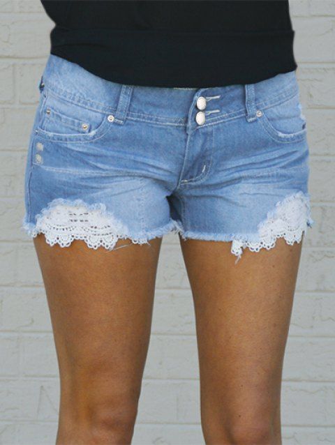 Ripped Denim Shorts Flower Lace Panel Frayed Hem Zipper Fly Pockets Casual Jeans