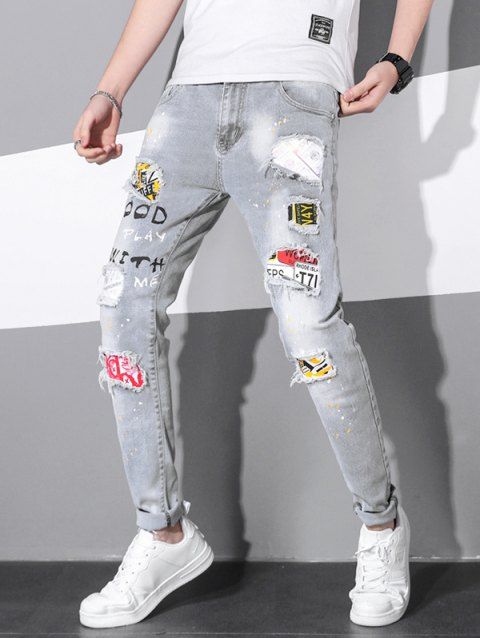 Slogan Ripped Patches Denim Pants Painting Dots Print Long Straight Casual Jeans