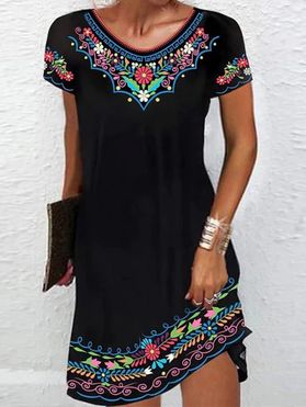 Mini Robe de Chemise à Imprimé Ethnique Florale à Manches Courtes