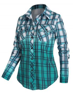 Ombre Plaid Print Shirt Long Sleeve Pocket Patches Button Up Shirt