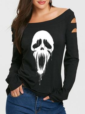 T-shirt D'Halloween Gothique Découpé Motif Imprimé Manches Longues à Col Oblique