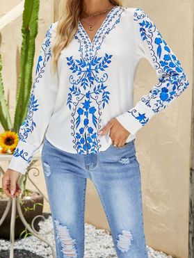 Contrast Flower Print Ethnic Tribal Blouse Button Up Long Sleeve Blouse Curved Hem Blouse