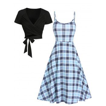 

Plaid Print Sleeveless High Waisted A Line Midi Sundress and Crossover Tied Solid Color T Shirt Summer Casual Outfit, Light blue