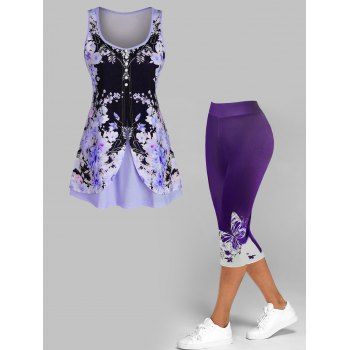 

Flower Print Overlap Mock Button Tank Top And Ombre Butterfly Print Capri Leggings Casual Outfit, Purple