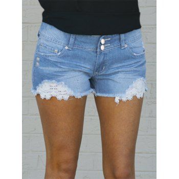 

Ripped Denim Shorts Flower Lace Panel Frayed Hem Zipper Fly Pockets Casual Jeans, Light blue