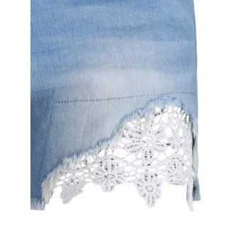 Ripped Denim Shorts Flower Lace Panel Frayed Hem Zipper Fly Pockets Casual Jeans