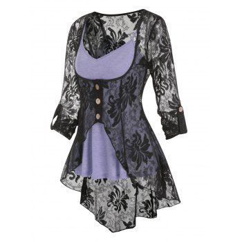 

Plus Size Top Heathered Flare Skirted Cami Top and Mock Button Slit Flower Lace Blouse Set, Black