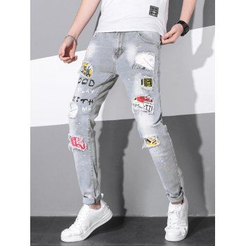 

Slogan Ripped Patches Denim Pants Painting Dots Print Long Straight Casual Jeans, Light gray