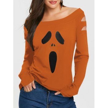 

Halloween Pumpkin Print T Shirt Skew Neck Cut Out Long Sleeve Gothic Tee, Orange