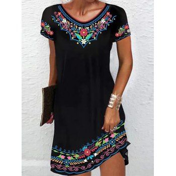 

Tribal Floral Print Ethnic Tee Dress Short Sleeve Mini Dress, Black