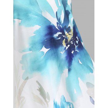 Flower Print Tank Top Watercolor Guipure Lace Plunging Neck Casual Tank Top