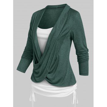 

Crossover Heathered Long Sleeves Ruched Cinched Faux Twinset T-shirt, Deep green