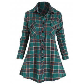 

Plus Size Shirt Plaid Print Front Flap Pocket Button Up Shirt Long Sleeve Vintage Shirt, Green