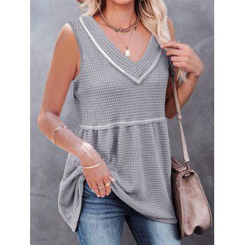 

Topstitching Textured Sleeveless Knit T Shirt V Neck High Waist Knitted Babydoll Tee, Light gray