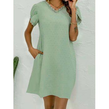

Swiss Dots Mini Dress Crochet Lace Ruffles Tulip Sleeve Dress Hidden Pocket V Neck Shift Dress, Light green