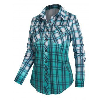 

Ombre Plaid Print Shirt Long Sleeve Pocket Patches Button Up Shirt, Green
