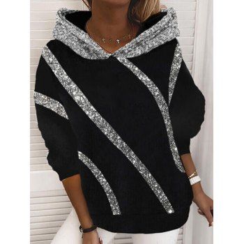 

Sparkly Sequins Hoodie Metallic Strip Long Sleeve Pullover Club Hoodie, Black